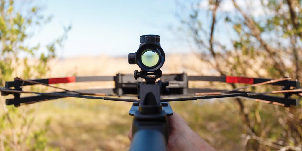 Aiming down a crossbow scope into a field